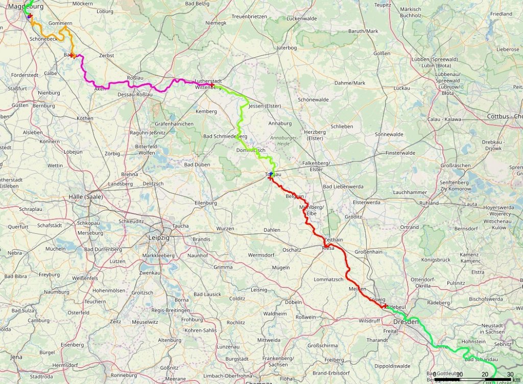 00-Deel2-Duitsland.jpg - De route van Bad Schandau naar Maagdenburg. Ieder kleurtje is een dag fietsen, ergens tussen de 70 en 105 kilometer per dag.