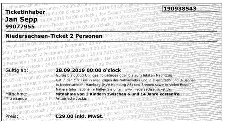 ticket.jpg - We reizen zowel heen als terug met een Niedersachsen-Ticket. In NL hebben we twee keer een vrije-reis dag. Voor 58 euro op en neer. Maar je mag er niet mee in IC's, daar worden we uitgegooid. Boemelen. 