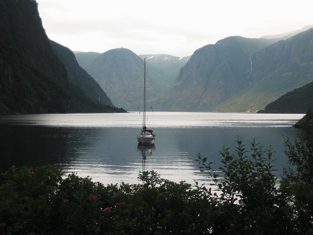 5594_AurlandsfjordenBijFlam.jpg - Die nacht sliepen we in Flâm, aan een zijtak van de langste fjord: de Sognefjord. Deze tak heeft de Aurlandsfjord. Het uitzich uit ons hotel.