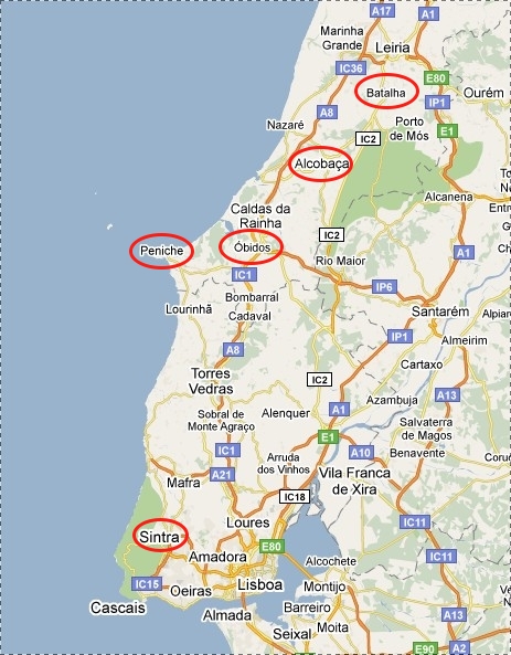 Kaartje-2.jpeg - De eerste dag zijn we langs de kust van Lissabon naar Sintra getrokken. Daar een paar dagen gebleven. Toen naar het noorden, langs Kaap Peniche, Óbidos en de grote kloosters in Alcobaça en Batalha naar Coimbra (niet op de kaart).