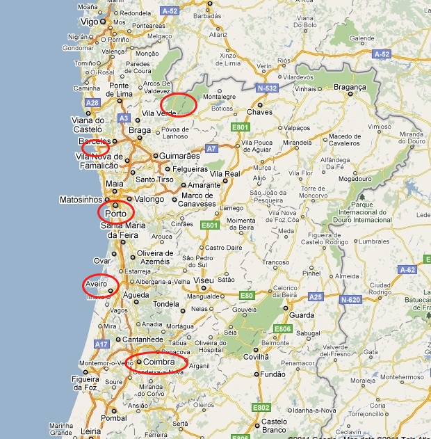 Kaartje-3.jpeg - Vervolgens zijn we een paar nachten in Coimbra geleven. Toen door naar Aveiro, Porto, een dagje ten noorden van Porto gezwommen en toen naar Geres, in een natuurreservaat in het hoge noorden van Portugal.